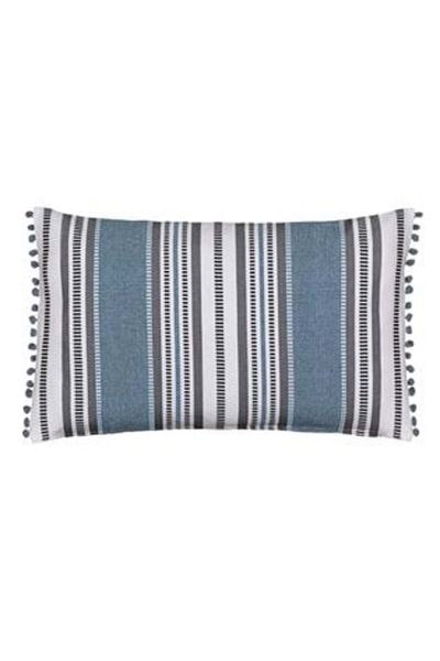 OEM Summer Cushion Off White Petrol Grey Stripes Pompom 60 x 40 cm