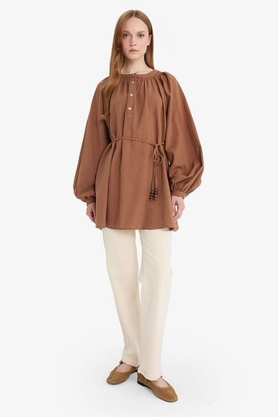 DeFacto Muslin Basic Plain Lace-Up Long Sleeve Shirt Tunic D4396Ax25Sm