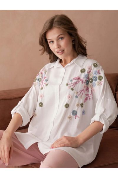 Stilmony Women's Embroidered Linen Fabric Oversize Buttoned Shirt