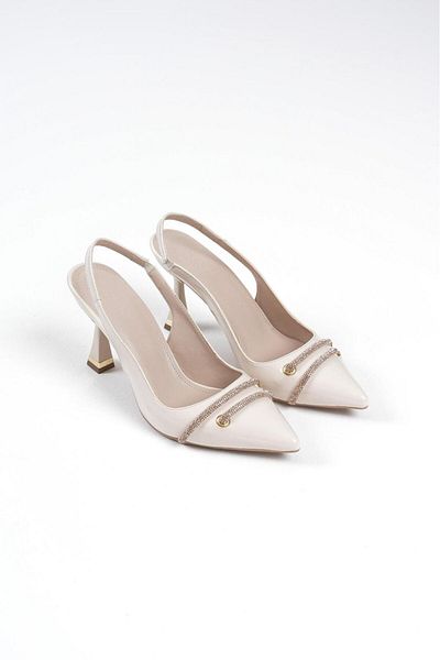 Griffa Women's Beige Patent Leather Stone Open Back Daily Casual Evening Dress Stiletto Heeled Shoes