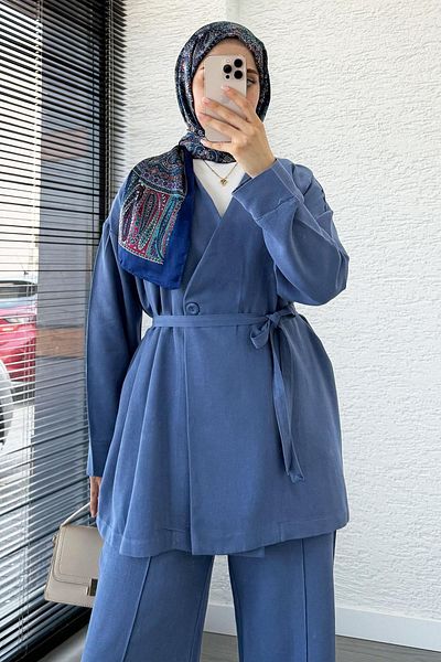 MELEK ARAZ Waist Tied Button Detailed Linen Suit -Indigo