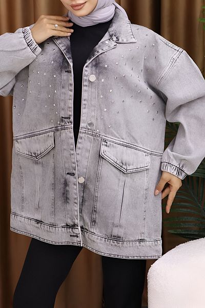Jacarsman Women's Boyfriend Buttoned Loose Oversize Stone Embroidered Pocket Long Denim Jacket