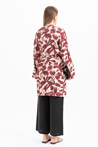 ALLDAY Burgundy-Stone-Two-Breasted Collar Patterned Belted Kimono