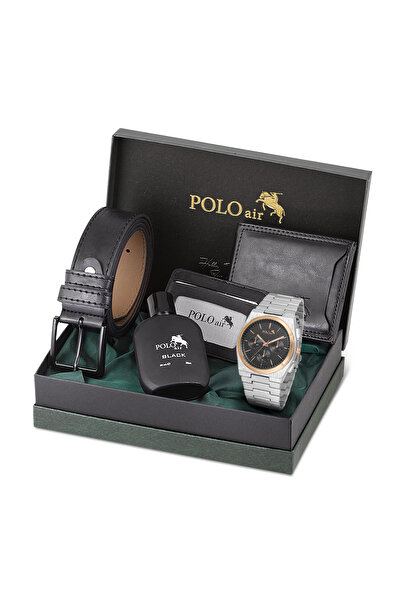 Polo Air Erkek Kol Saati Cüzdan Kemer Kartlık Parfüm Set Kombin Gümüş Siyah B...