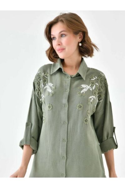 Stilmony Women's Embroidered Linen Fabric Oversize Buttoned Shirt