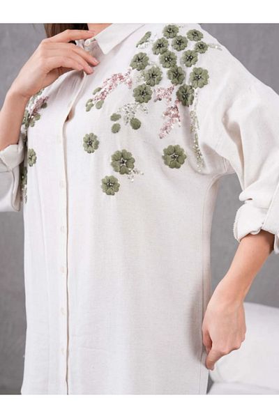 Stilmony Women's Embroidered Linen Fabric Oversize Buttoned Shirt