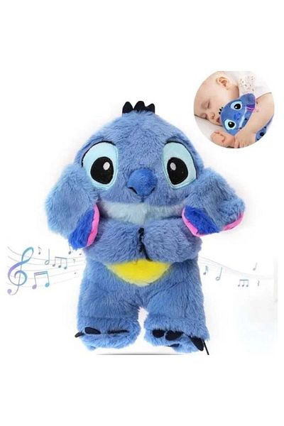FOXMAG24 Jucărie de pluș, Stitch care respiră, cu melodii liniștitoare, dimensiune 25 cm, albastru