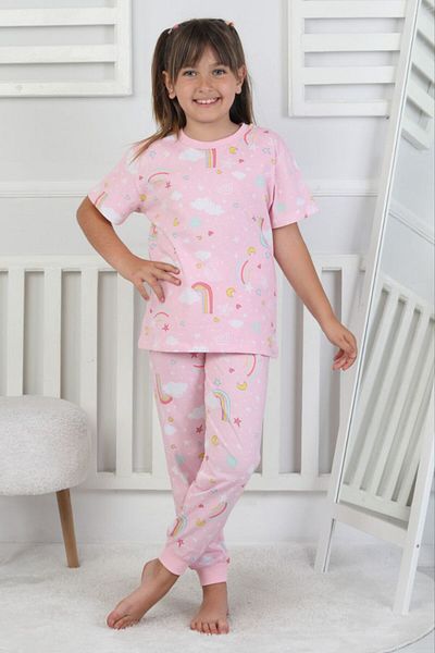 bunny hopp 100% Cotton Rainbow Pattern Short Sleeve Cuff Leg Girls Pajamas Set 3-8 Years