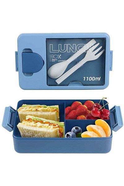 COOYA 3 Compartment Blue Bento Box For Adults & Kids,Leak Proof Containers With Sauce Container, 1100ml