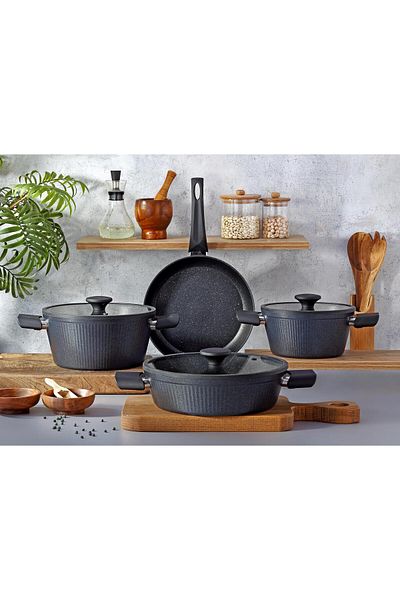 Qualitev 7 Piece Induction Glass Lid Titanium Coating Cookware Pot and Pan Set