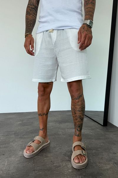 MADZEYMODA Men's White Elastic Waist Muslin Fabric Bermuda Shorts Ke-7002