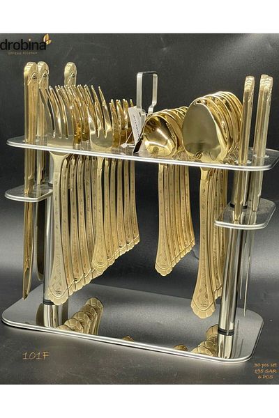 drobina Dropina 30-Piece Stainless Steel Spoon Set with Stand, Full Gold