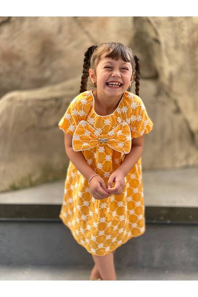 HÇ Hülya Çelik KİDSWEAR 2018 Girl's Cotton Floral Embroidered Bow Summer Yellow Dress