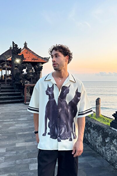 Flaw Wear Doberman Printed Beige Oversize Shirt