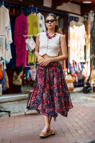 Miss Boheme Red Color Ethnic Skirt with Elastic Waist and Drape Detail