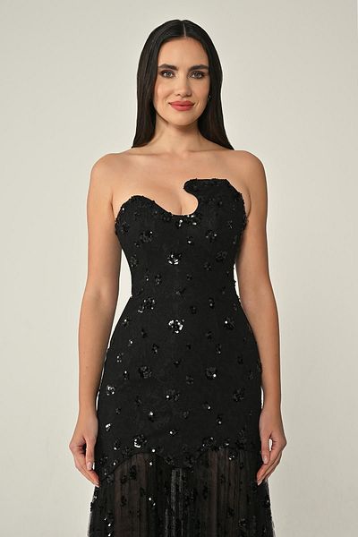 ALFABETA Strapless Bust Asymmetrical Cut Skirt Sequined Tulle Evening Dress Alfa Beta