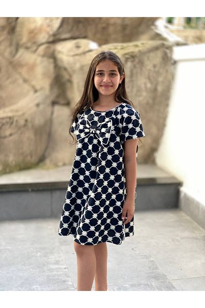 HÇ Hülya Çelik KİDSWEAR 2018 Girl's Cotton Floral Embroidered Bow Summer Navy Blue Dress