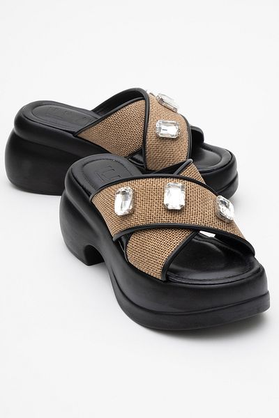 LuviShoes Giev Black Straw Stone Wedge Sole Women's Slippers