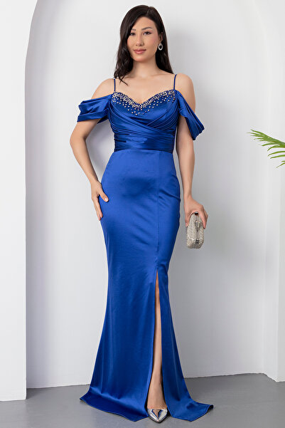 PULLIMM Göğüs Boncuklu Askılı Saten Elbise 39657