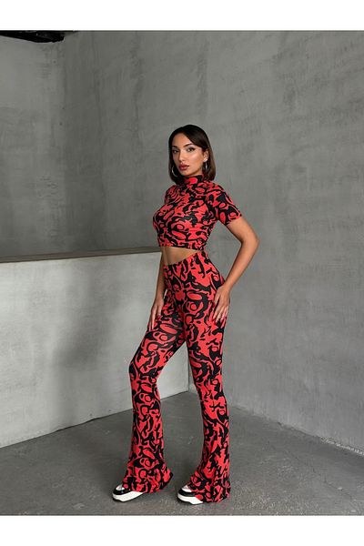 ladyzey Women's Wave Pattern Red Turtleneck Crop Blouse and Spanish Leg Pants Suit