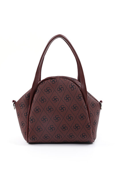 SHAKA جلد صناعي أحمر كلاريت مطبوع عليه حرف Monogram Shk132، جيب واحد بسحاب، تفاصيل مثبتة، حزام لليد والكروس