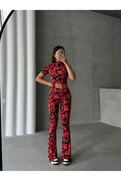 ladyzey Women's Wave Pattern Red Turtleneck Crop Blouse and Spanish Leg Pants Suit
