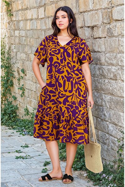 Burcumay Women's Patterned Purple Short Sleeve Pocket Ruffle Plus Size Dress Viscose Summer Beach Vacation Dress