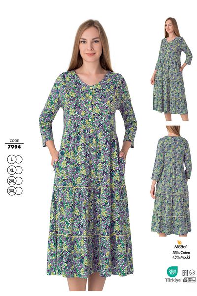 ROMEO LİFE Women's Cotton Modal Fabric Button Detailed Patterned Stylish Dress 7994