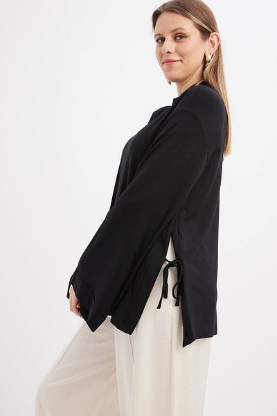 ALLDAY Black-Lateral Slit Binding Detail Lycra Modal Tunic