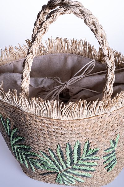 Oblavion Green Leaf Patterned Drawstring Lined Straw Bag