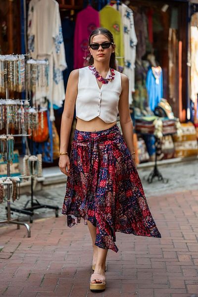Miss Boheme Red Color Ethnic Skirt with Elastic Waist and Drape Detail