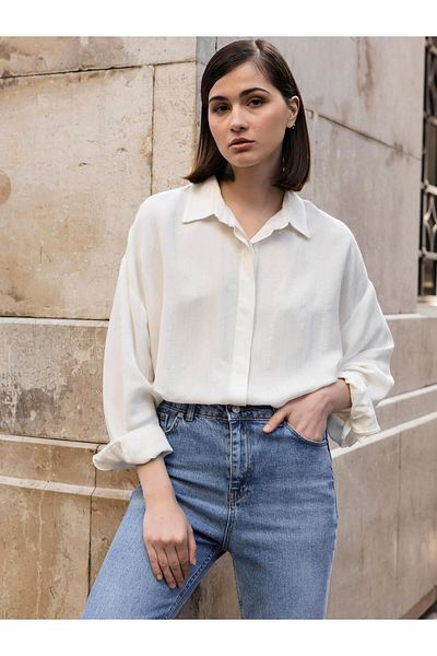 Coral Glitter Striped Shirt Ecru