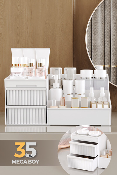 DEKORANLA Şık Çizgili Beyaz Çekmeceli Makyaj ve Kozmetik Organizer, 35cm