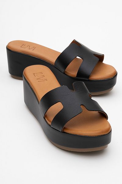 LuviShoes Lia Black Skin Genuine Leather Women's Wedge Heeled Slippers