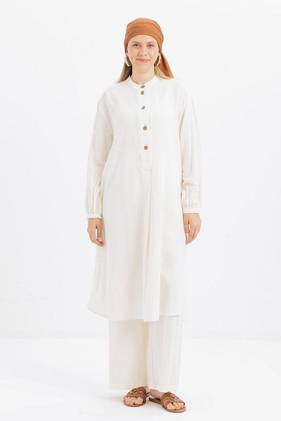 ALLDAY Ecru-Half Placket Slit Linen Tunic