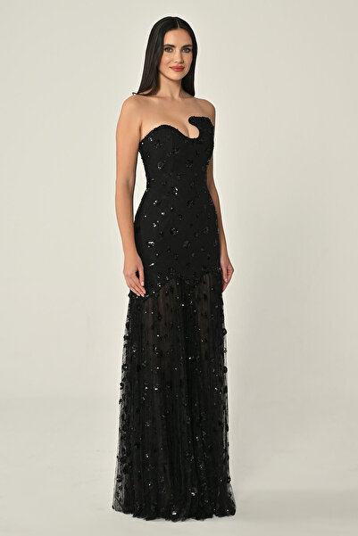 ALFABETA Straplez Göğüs Asimetrik Kesim Eteği Payetli Tül Abiye Elbise Alfa Beta