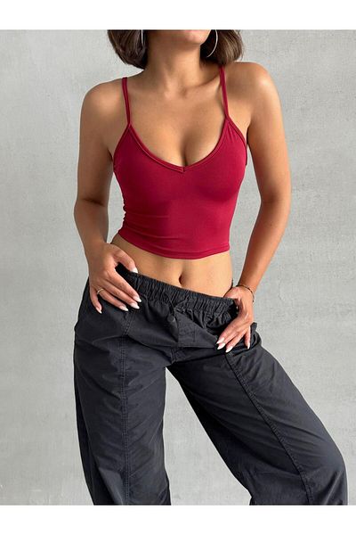 The Base Women's Burgundy Scuba Fabric Front Back V-Neck Crop Top with Rope Strap