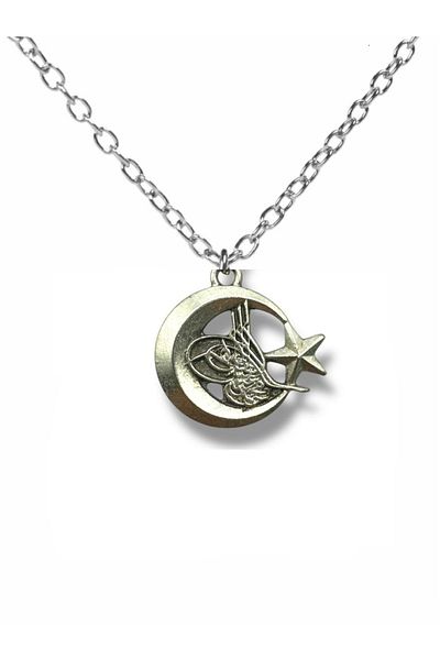 Herşey Nota Ottoman Tuğra Moon Star Figured Necklace – Silver Color Unisex Metal Jewelry