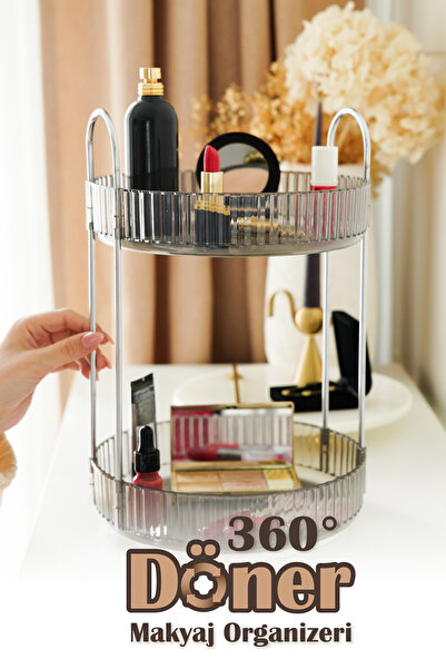 teknotrust İki Katlı Döner Takı ve Makyaj Organizeri, Şeffaf ve Antrasit Renkli