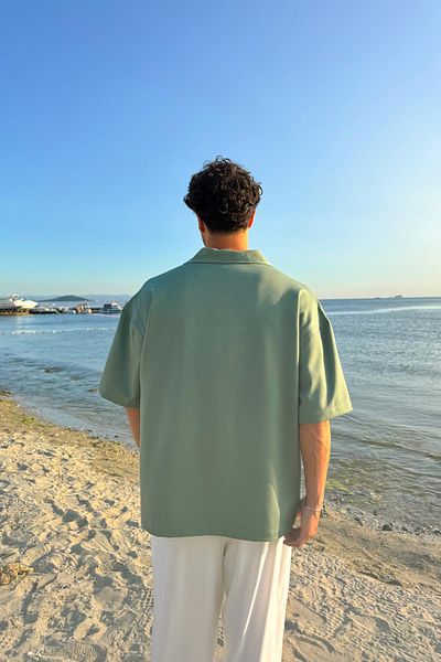 Flaw Wear Gabardine Fabric Green Oversize Short Sleeve Shirt