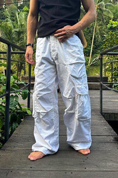 Flaw Wear White Cargo Pocket Trousers with Waist Laces