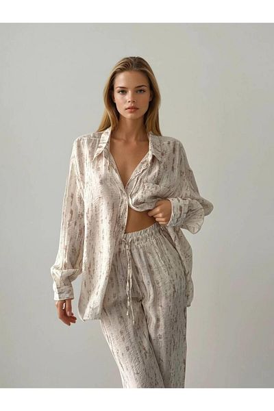 Coral Batik Patterned Shirt Trousers Set Beige