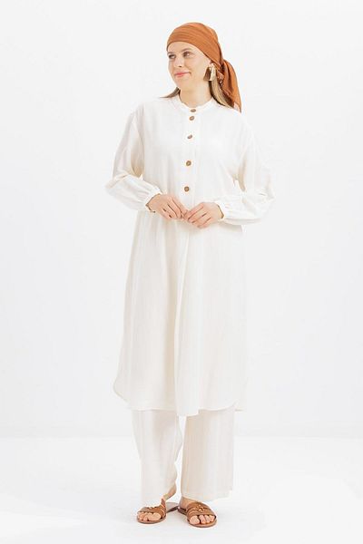 ALLDAY Ecru-Half Placket Slit Linen Tunic
