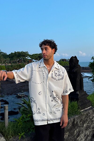 Flaw Wear Face to Face Printed Beige Oversize Short Sleeve Shirt