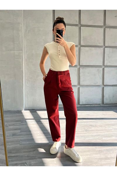 Coral Pleated Gabardine Carrot Trousers Claret Red