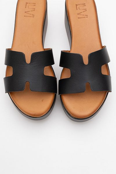 LuviShoes Lia Black Skin Genuine Leather Women's Wedge Heeled Slippers