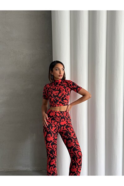 ladyzey Women's Wave Pattern Red Turtleneck Crop Blouse and Spanish Leg Pants Suit