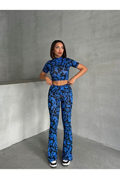 ladyzey Women's Wave Pattern Blue Turtleneck Crop Blouse and Spanish Leg Pants Suit