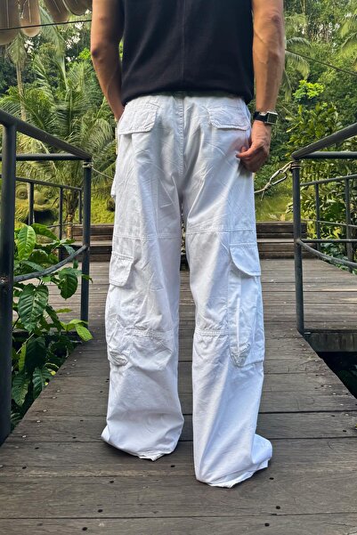 Flaw Wear White Cargo Pocket Trousers with Waist Laces