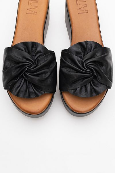 LuviShoes Jeff Black Skin Genuine Leather Bow Women's Wedge Heeled Slippers